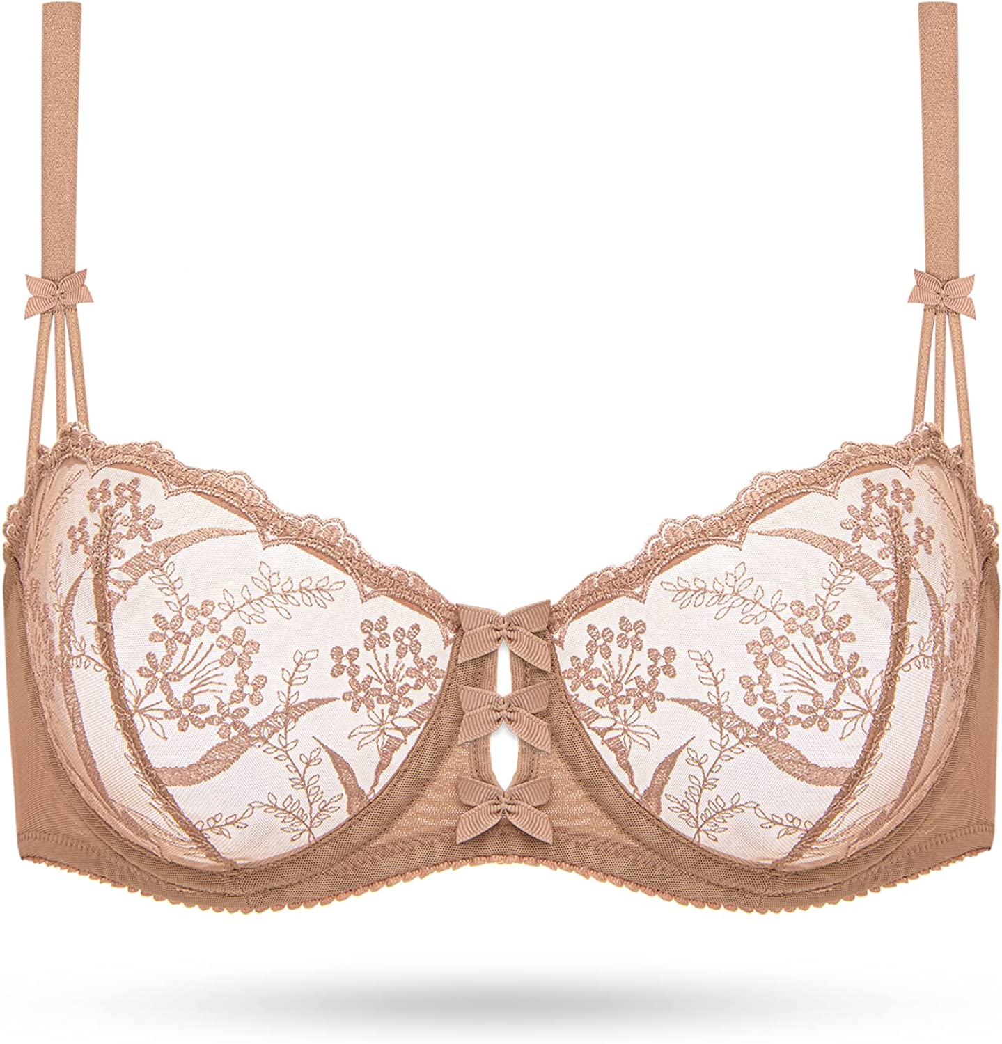 Embroidered Lace Unlined Bra Demi Sheer See Through Underwire Bras Mocha Latte - WingsLove