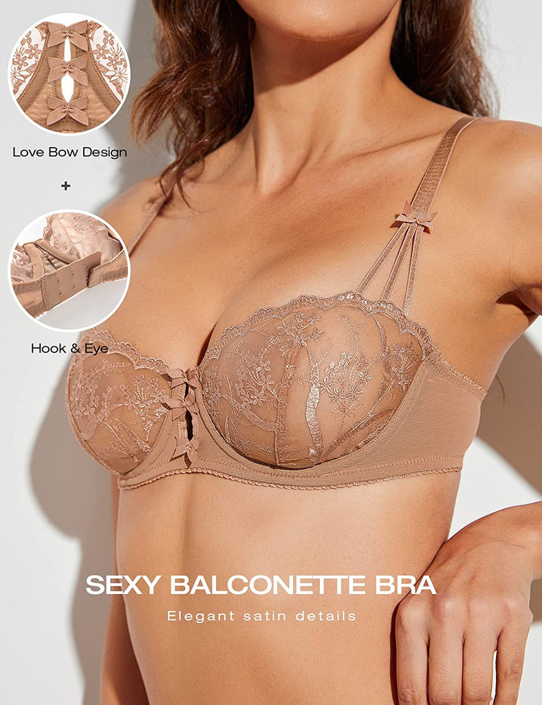 Embroidered Lace Unlined Bra Demi Sheer See Through Underwire Bras Mocha Latte - WingsLove