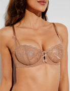 Embroidered Lace Unlined Bra Demi Sheer See Through Underwire Bras Mocha Latte - WingsLove