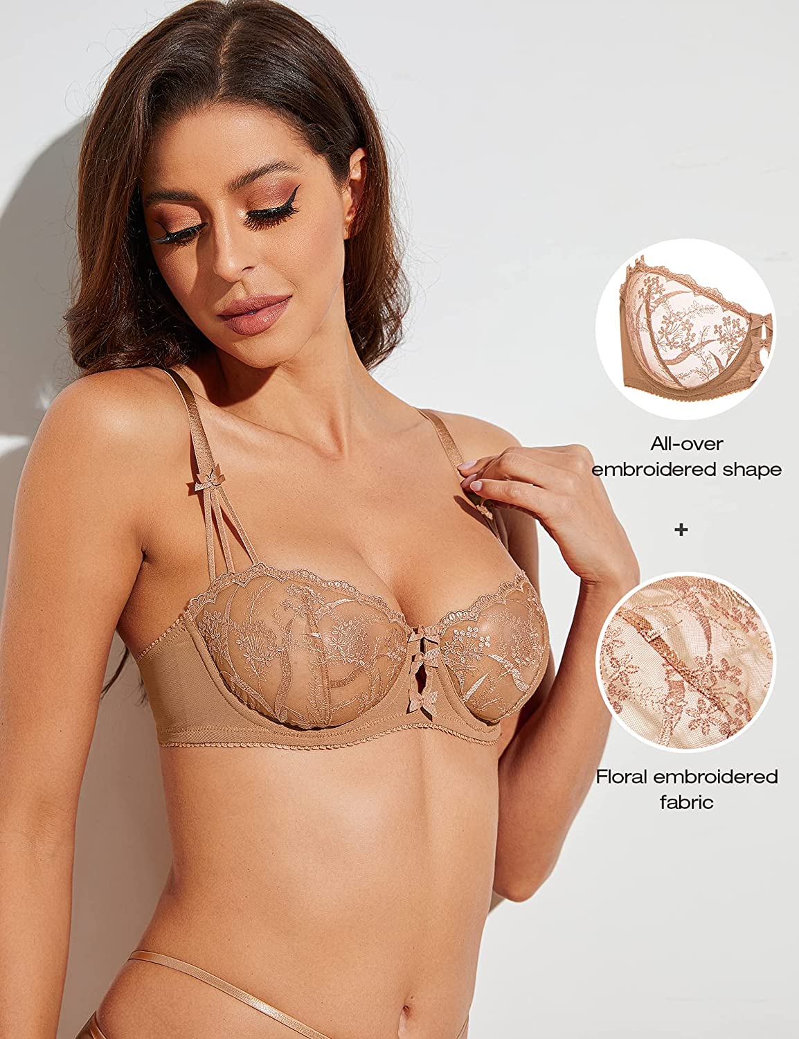 Embroidered Lace Unlined Bra Demi Sheer See Through Underwire Bras Mocha Latte - WingsLove