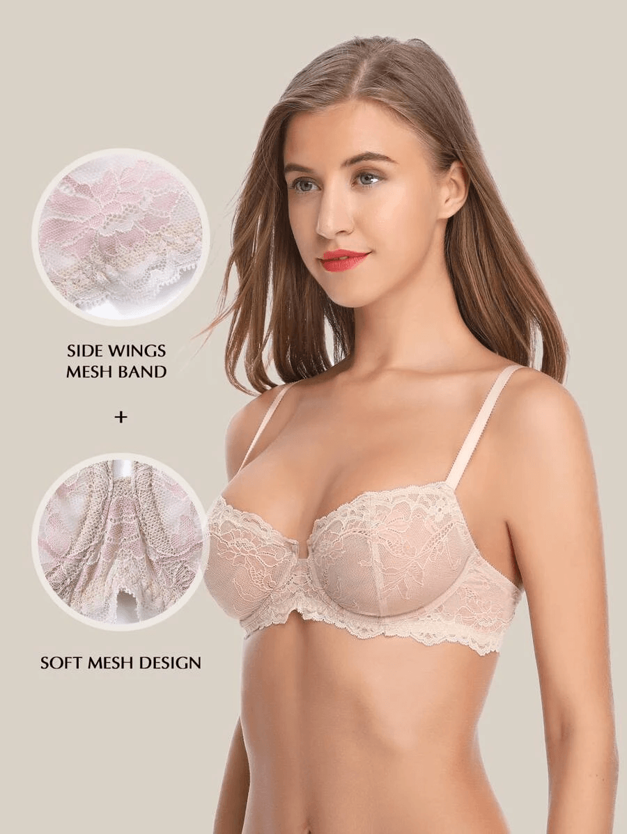 Eyelash Lace Demi Sexy Sheer Lace Balconette Bra Nude - WingsLove