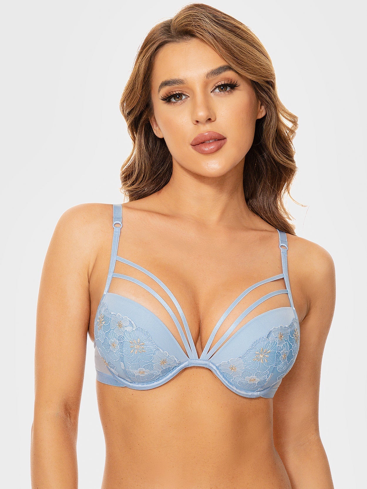 Romantic push-up bra, floral lace, sheer inlay