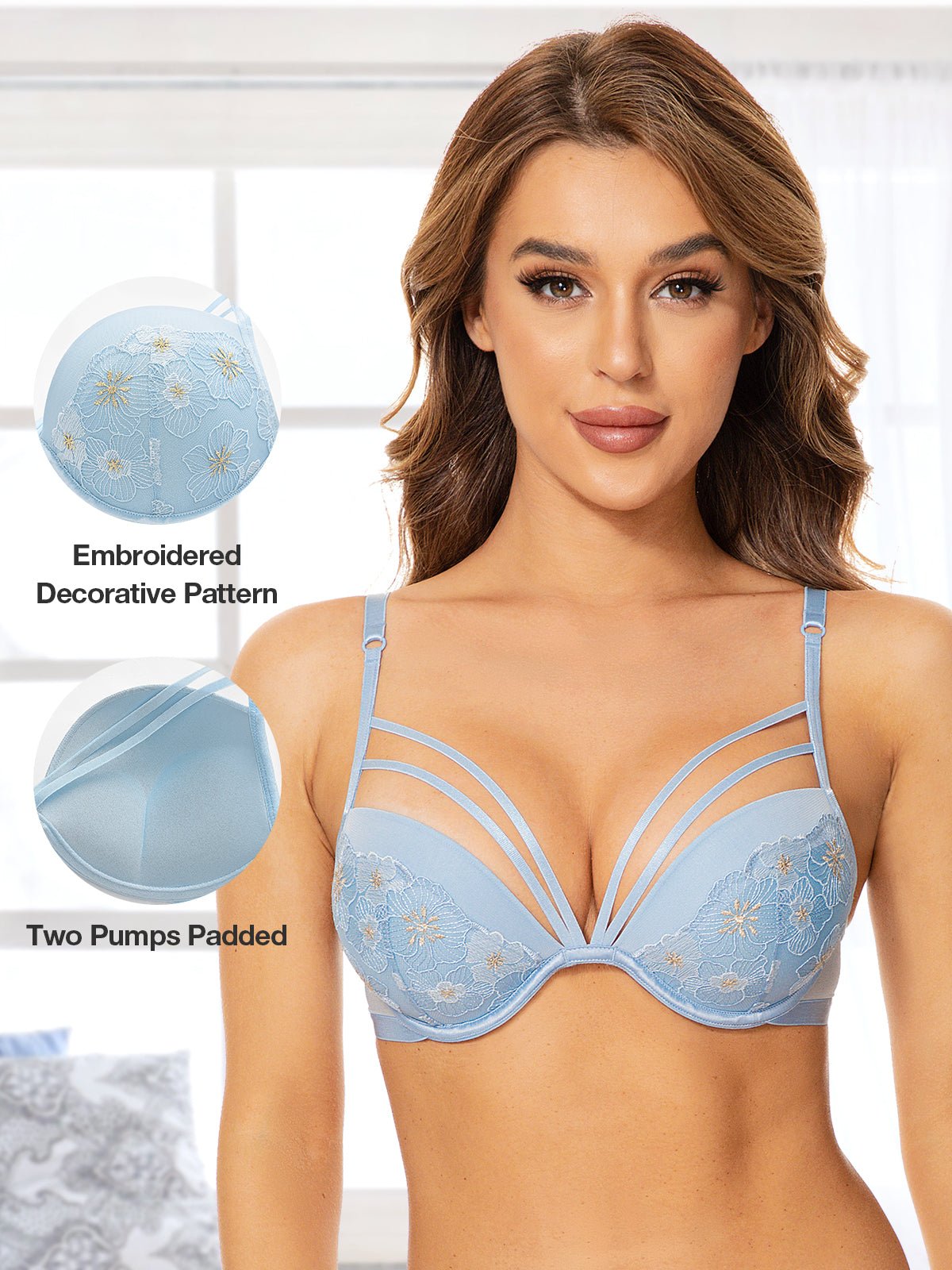 Floral Lace Embroidery Push Up Bra Blue
