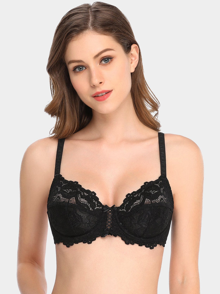 Floral Lace Non-Padded Full Coverage Underwire Bra Black - WingsLove