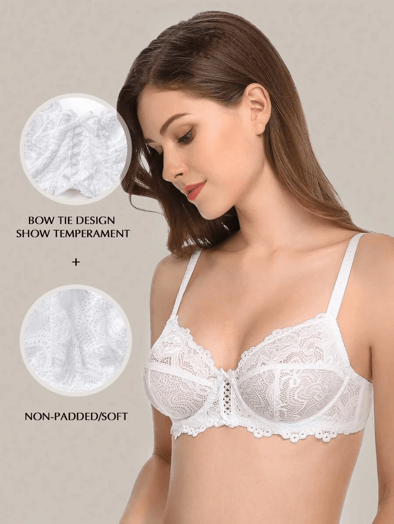 Floral Lace Non-Padded Full Coverage Underwire Bra White - WingsLove