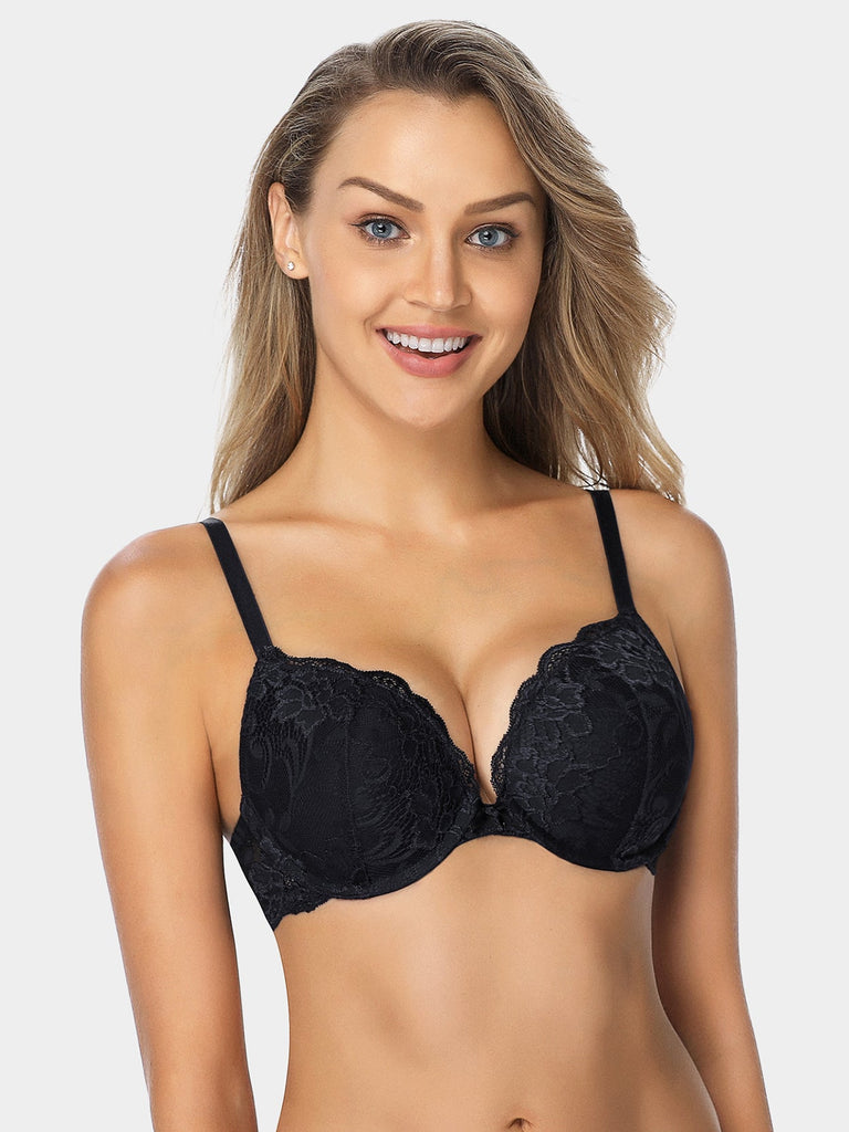 Floral Lace Push Up Lightly Padded Demi Plunge Bra - WingsLove
