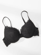 Floral Lace Push-Up Lightly Padded Demi Plunge Underwire Bra Black - WingsLove