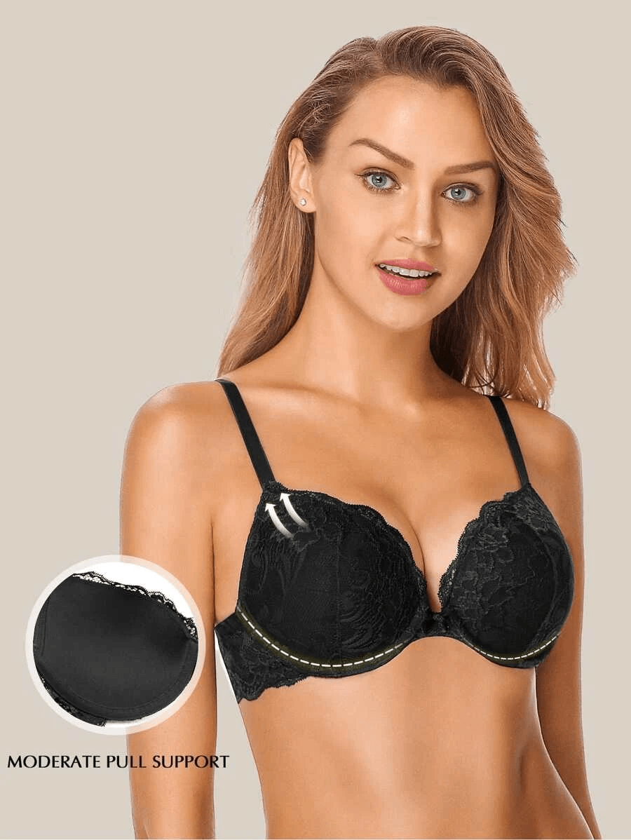 Floral Lace Push-Up Lightly Padded Demi Plunge Underwire Bra Black - WingsLove