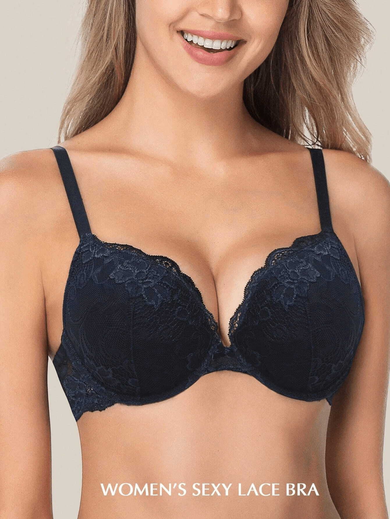 Floral Lace Push-Up Lightly Padded Demi Plunge Underwire Bra Dark Blue