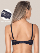 Floral Lace Push-Up Lightly Padded Demi Plunge Underwire Bra Dark Blue - WingsLove