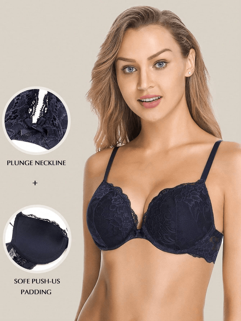 Floral Lace Push-Up Lightly Padded Demi Plunge Underwire Bra Dark Blue - WingsLove