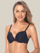 Floral Lace Push-Up Lightly Padded Demi Plunge Underwire Bra Dark Blue - WingsLove