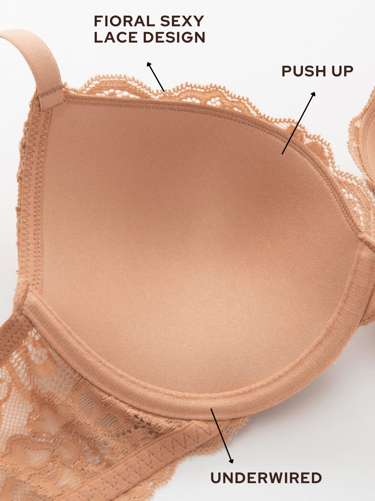 Floral Lace Push-Up Lightly Padded Demi Plunge Underwire Bra Nude - WingsLove