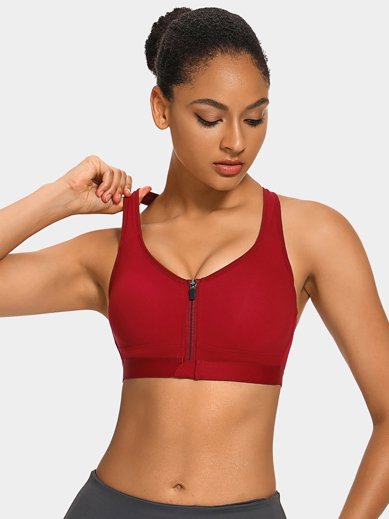 Front Closure Padded Zip Racerback Sports Bra Red
