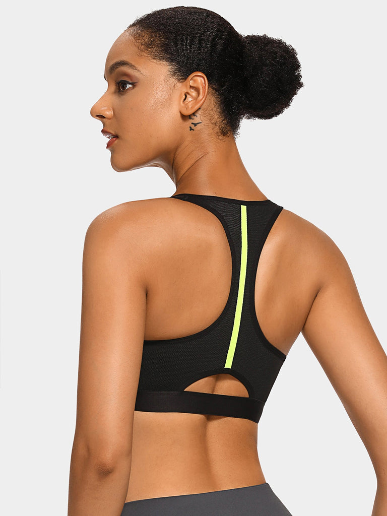 Front Closure Padded Zip Racerback Wirefre Sports Bra - WingsLove