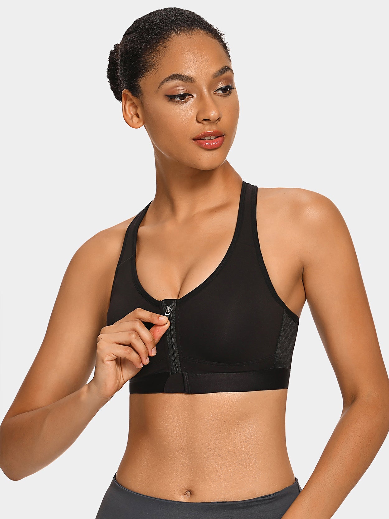 Women Zip Front Closure Padded Sports Bra High Impact Racerback Non Wired  Crop Top