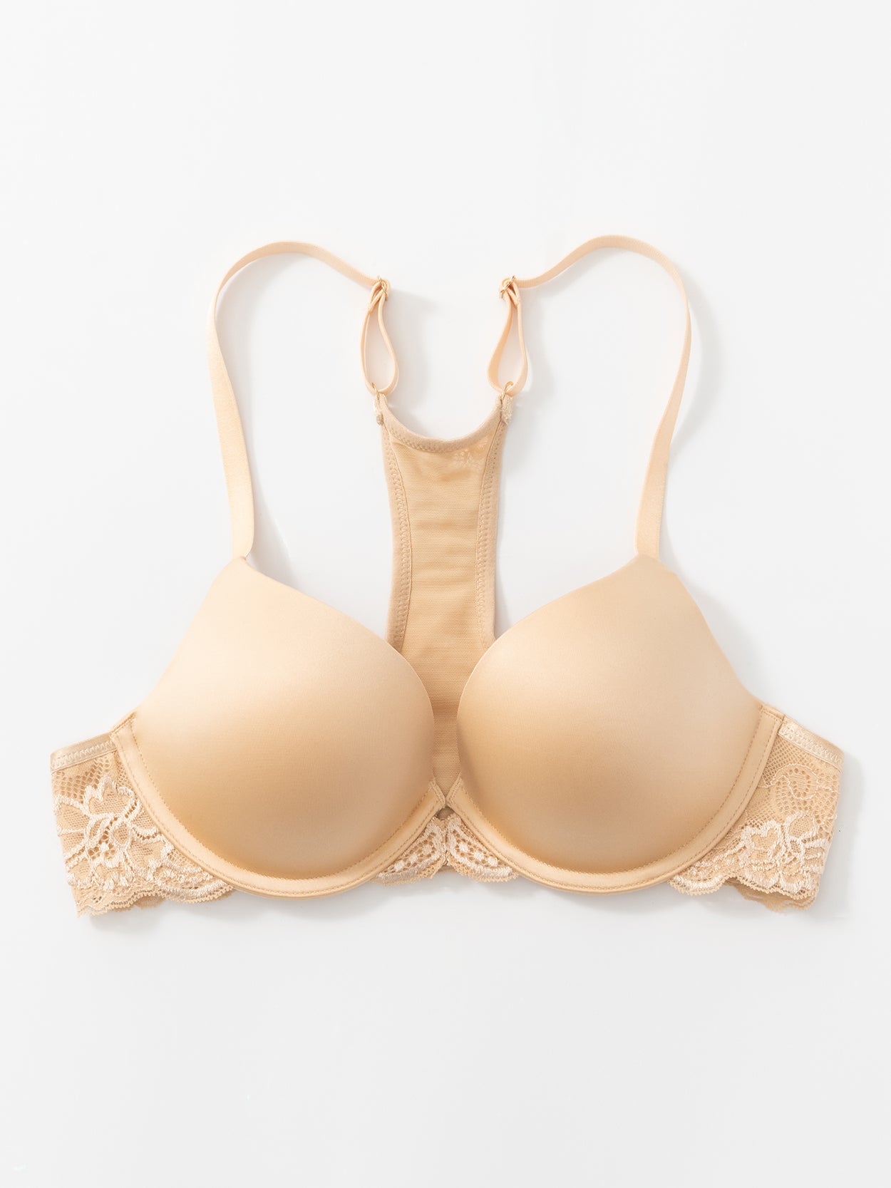 Front Closure Push Up Floral Lace Underwire Racerback Bra Nude