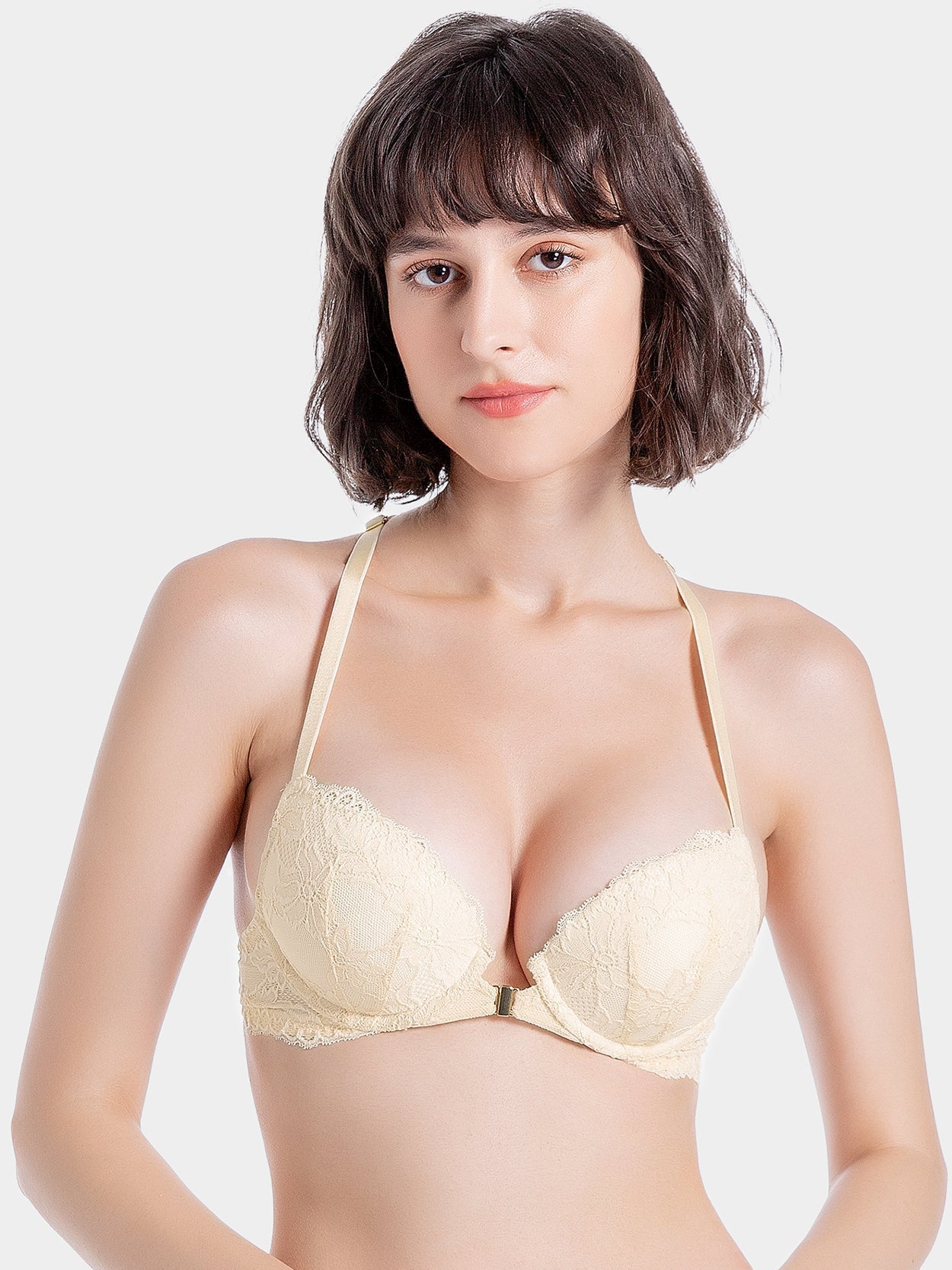 Front Closure Underwire Push Up Lace Bra Nude