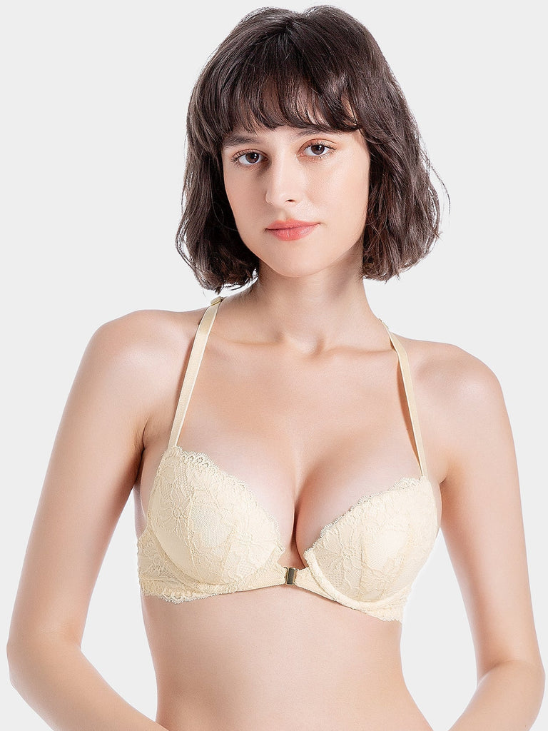 Front Closure Underwire Push Up Lace Bra Nude - WingsLove