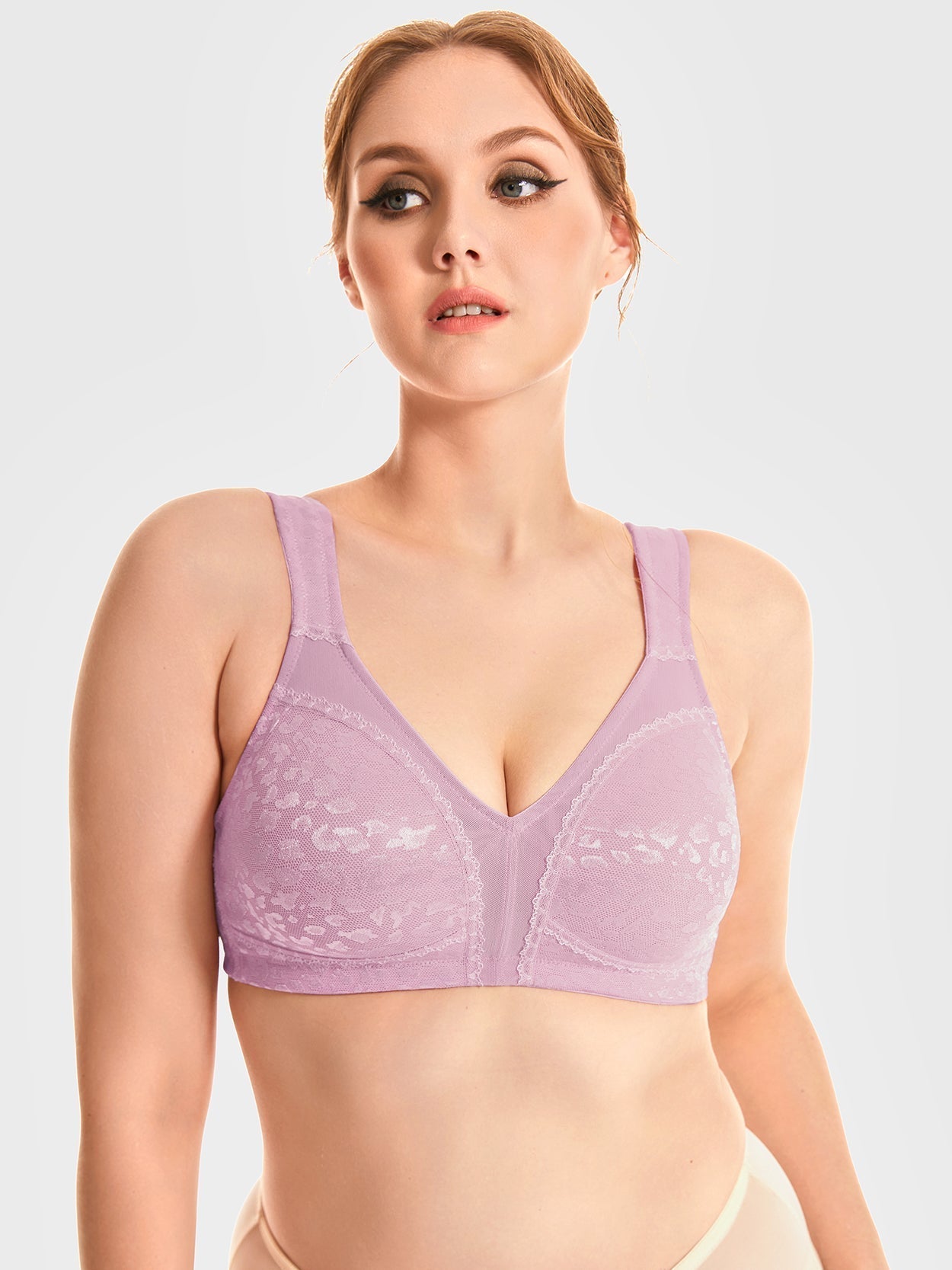 Womens Wireless Plus Size Lace Bra Full Coverage Unlined  Minimizer Bra Comfort Cotton 48H Pink