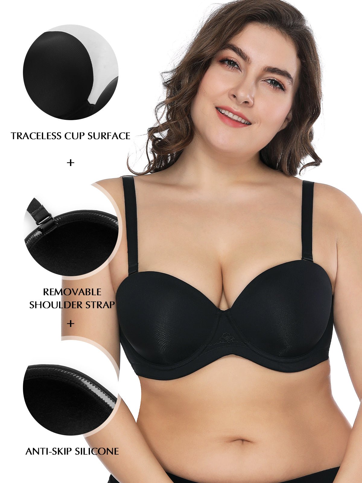 Full Figure Strapless Underwire Multiway Contour Bra Black - WingsLove