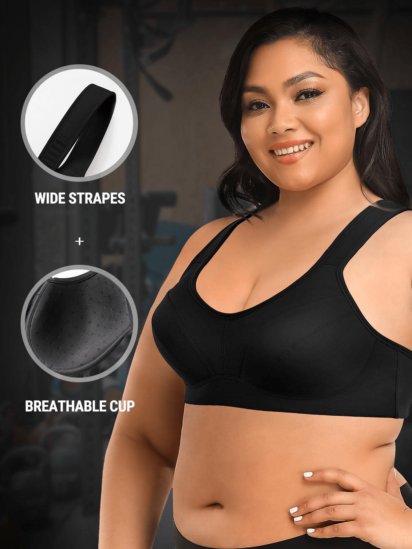 Womens Bra Adjustable Wirefree High Impact Full Support Plus Size Sports  Bra (Color : Black, Size : 42F)
