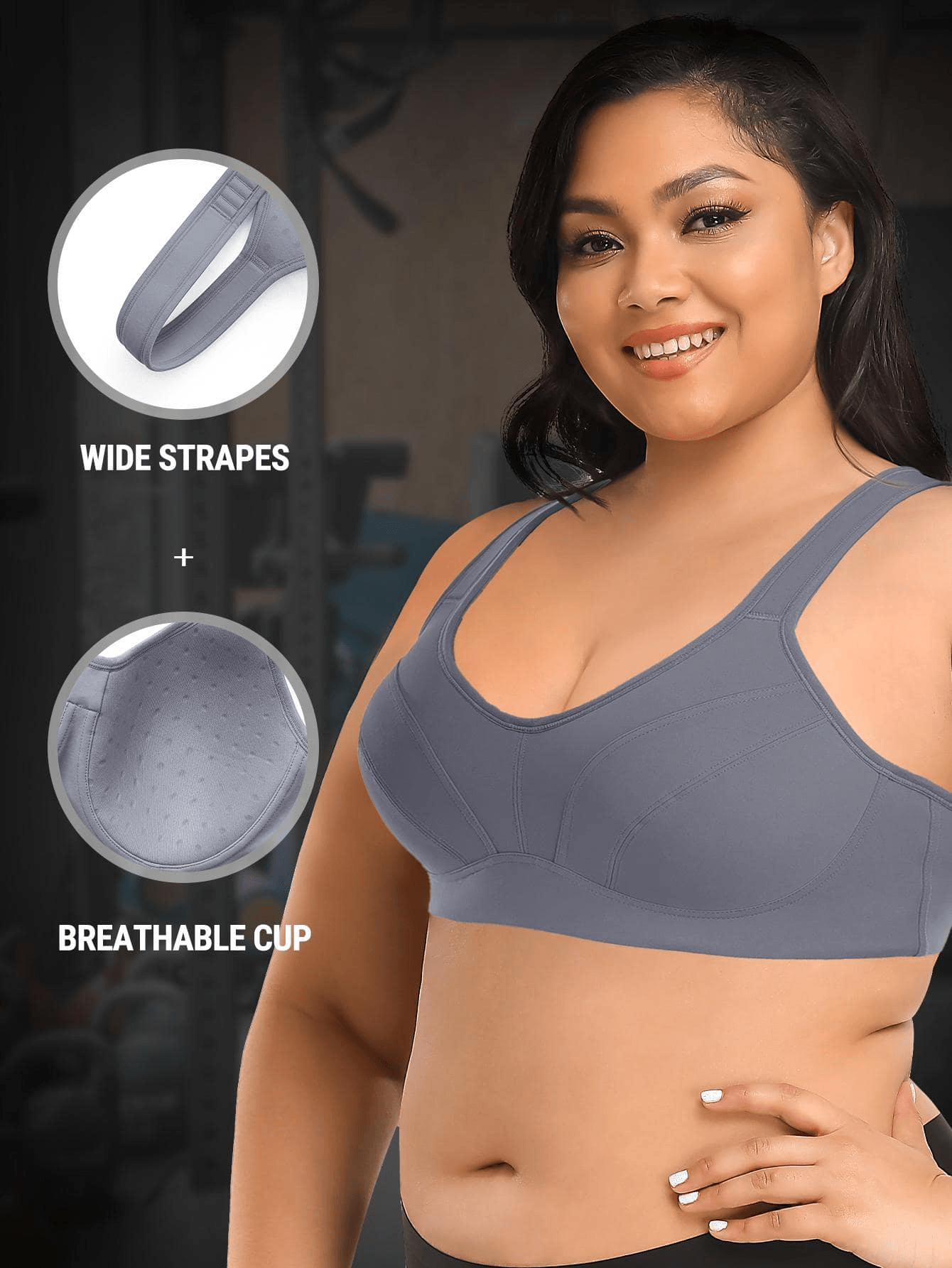 High Impact Full Coverage Plus Size Sports Bra Grey - WingsLove