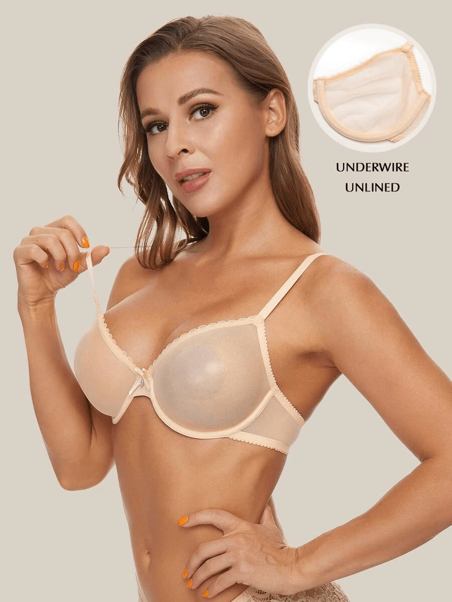 Wingslove Women's Sexy Sheer Bra Unlined Underwire Support See Through  Everyday Bra with Silicone Nipple, Nude 32C 
