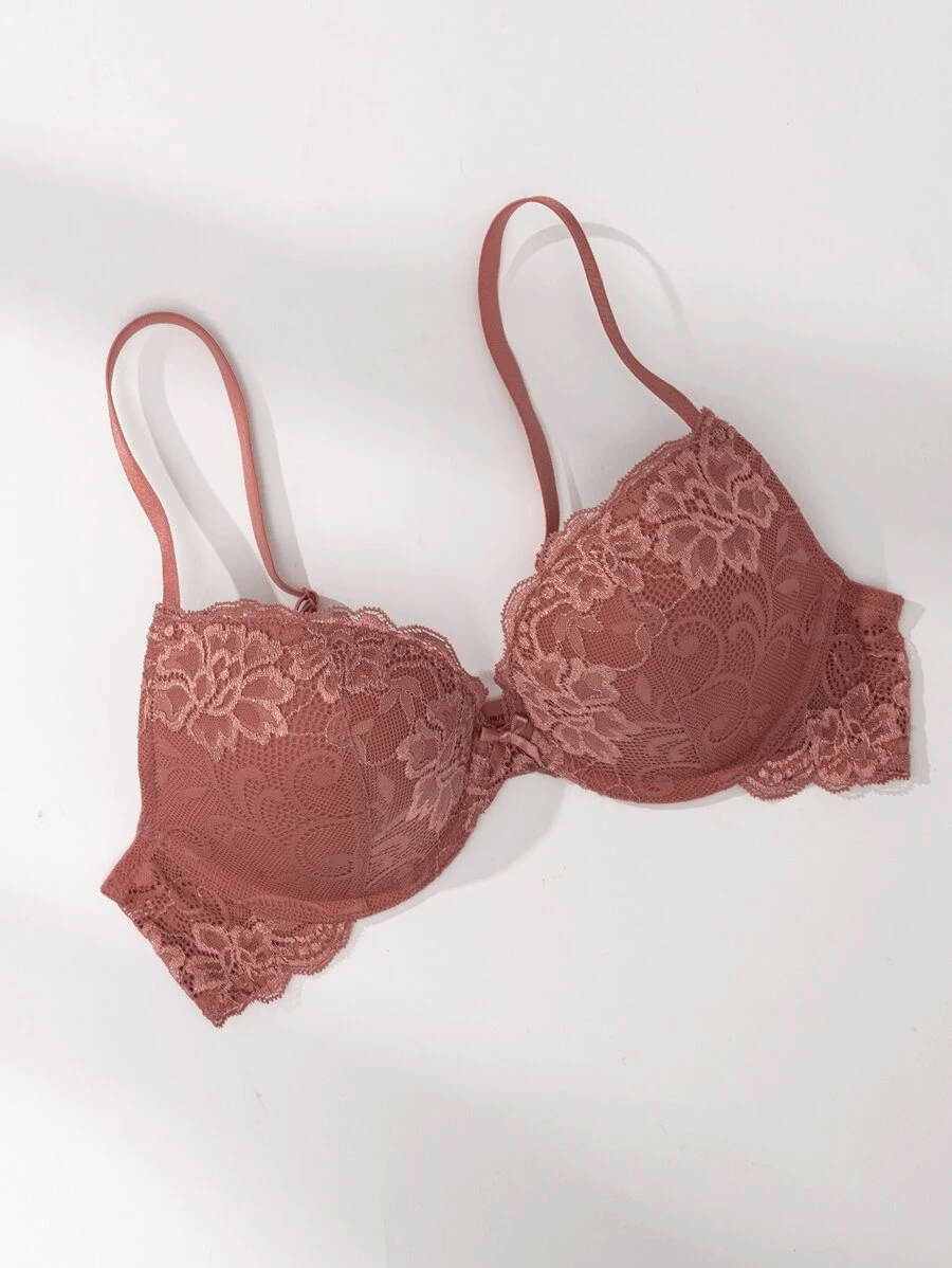 Lace Push Up Bra Lightly Padded Demi Plunge Bra Cinnabar Red - WingsLove