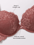 Lace Push Up Bra Lightly Padded Demi Plunge Bra Cinnabar Red - WingsLove