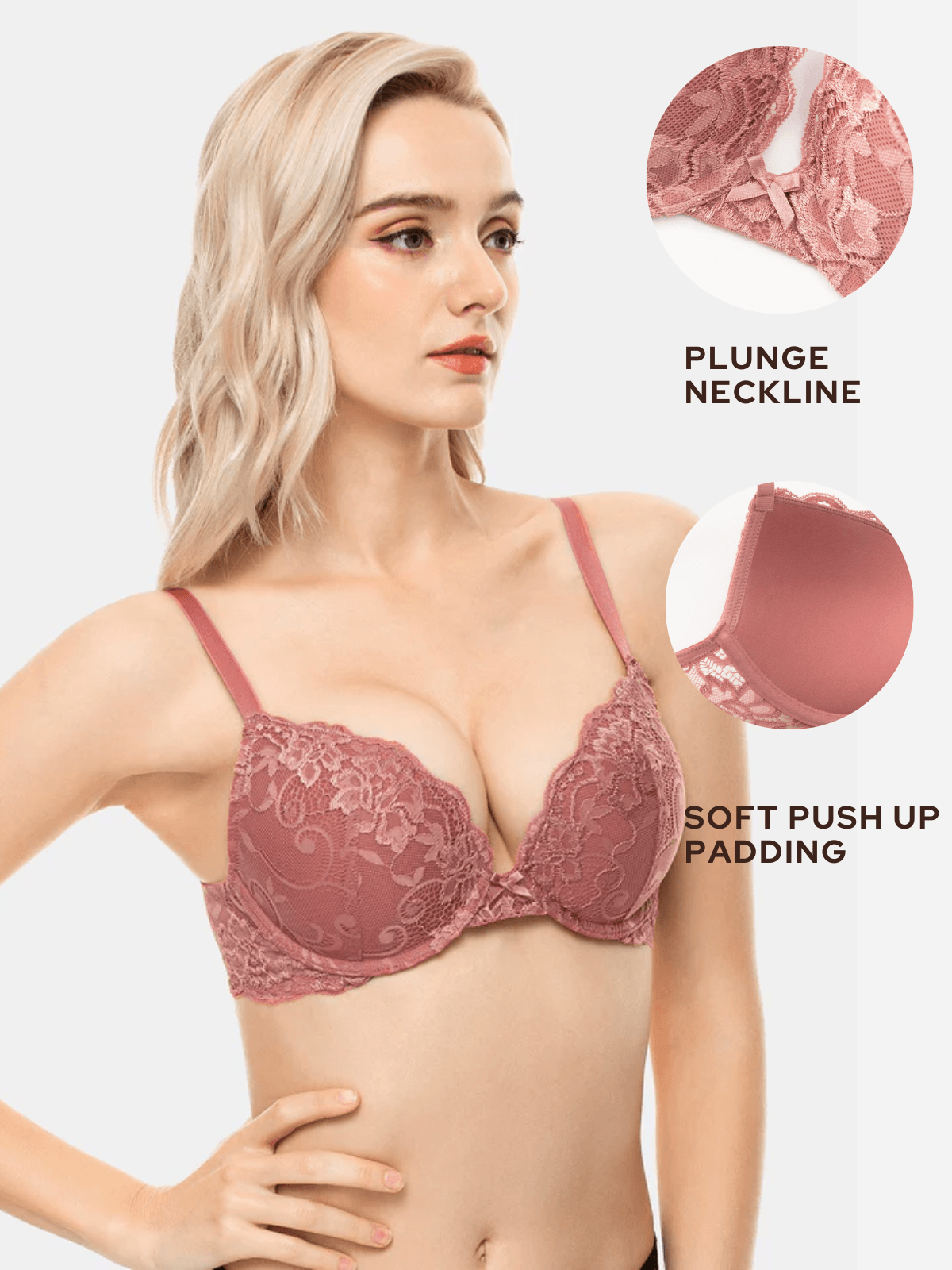 Lace Push Up Bra Lightly Padded Demi Plunge Bra Cinnabar Red 36D 80D