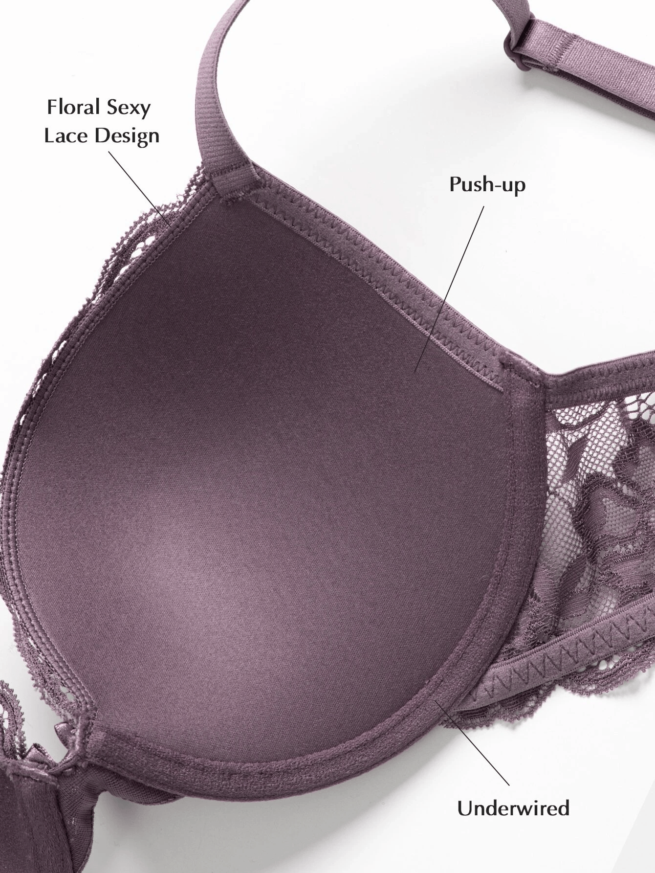 Lace Push Up Bra Lightly Padded Demi Plunge Bra Purple - WingsLove