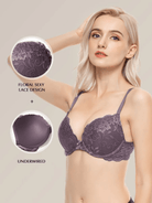 Lace Push Up Bra Lightly Padded Demi Plunge Bra Purple - WingsLove