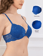 Lace Push Up Bra Lightly Padded Demi Plunge Bra Royal Blue - WingsLove