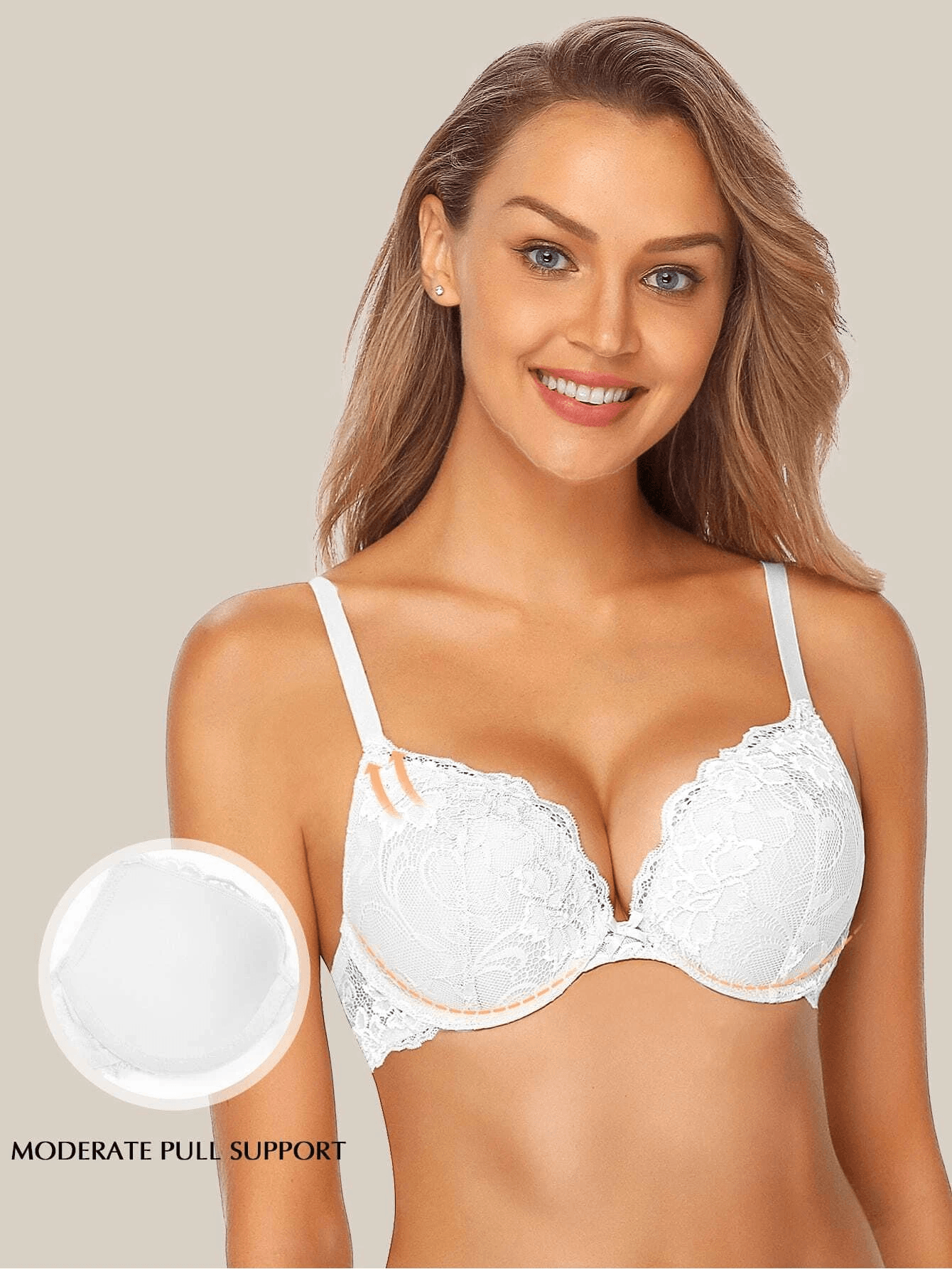 Add 2 Cup Sizes Push-Up Bra | White W Lace Wings