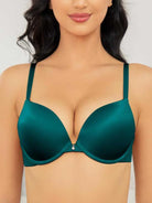 Lightly Padded Plunge Everyday Basic Underwire Push Up Bra Malachite Green - WingsLove