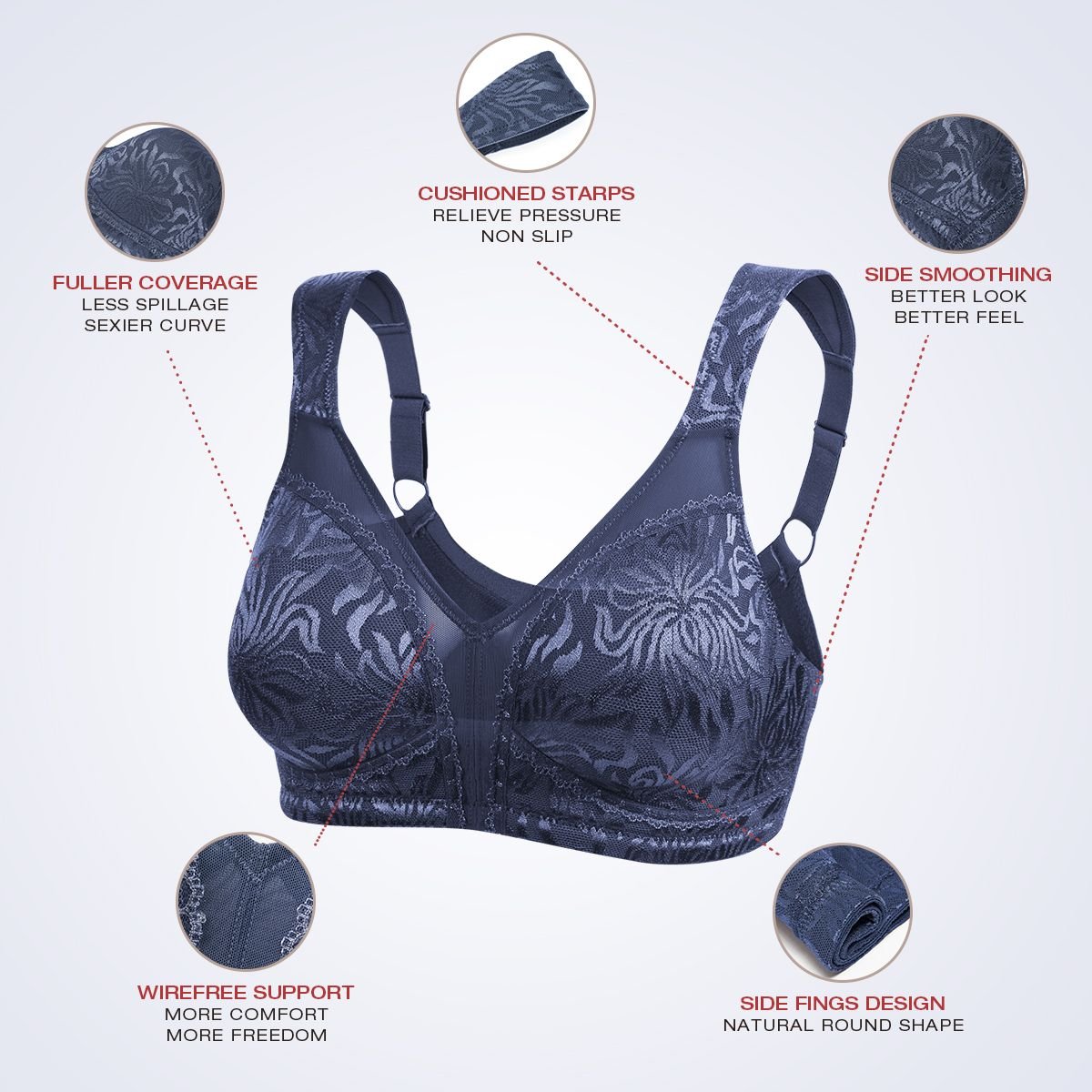 Womens Full Coverage Underwired Plus Size Floral Lace Bra Non Padded  Comfort Bra 40H Grey