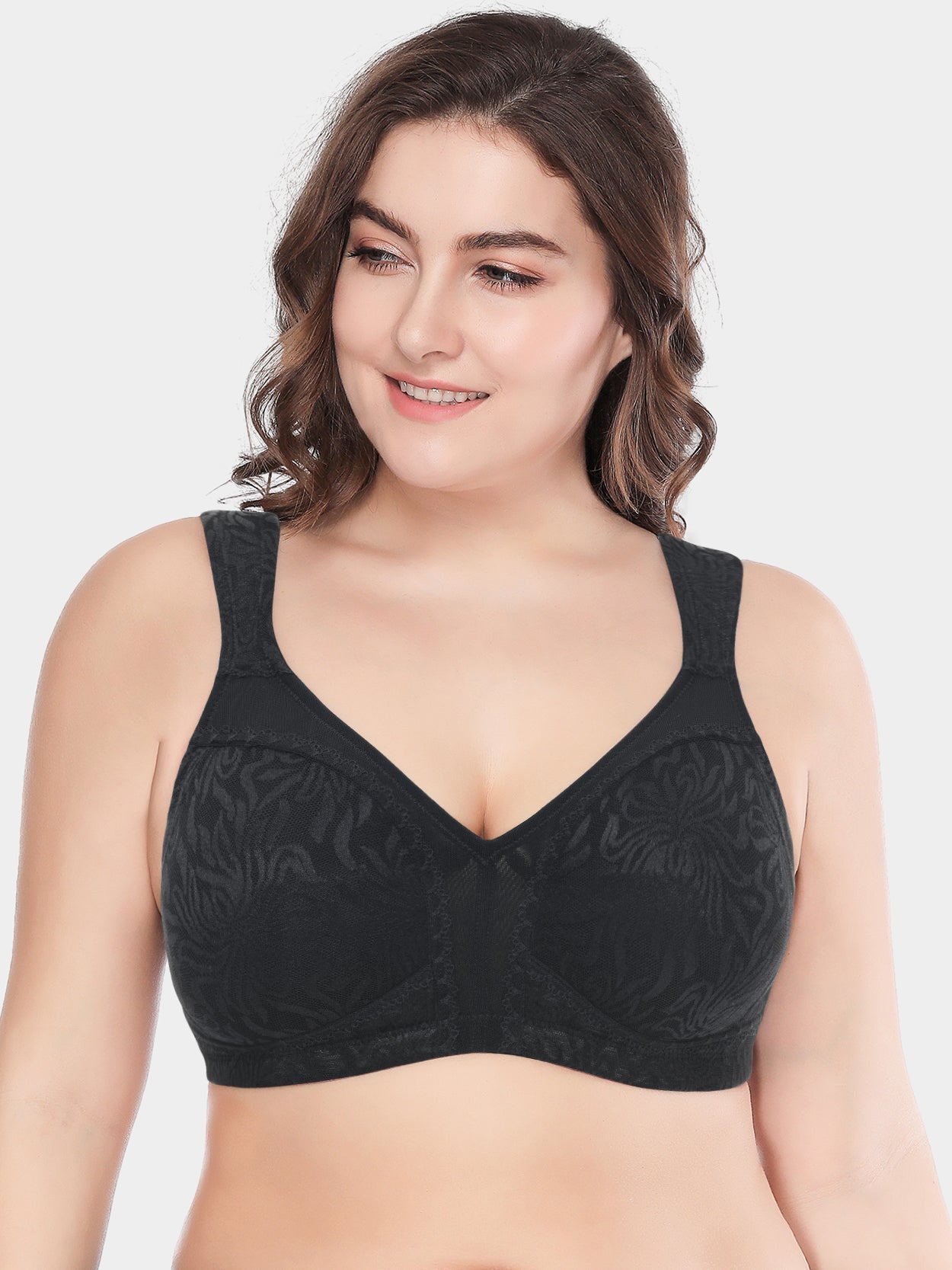  Womens Plus Size Soft Cotton Lace Bra Full Coverage Wirefree  Non-Padded 50D