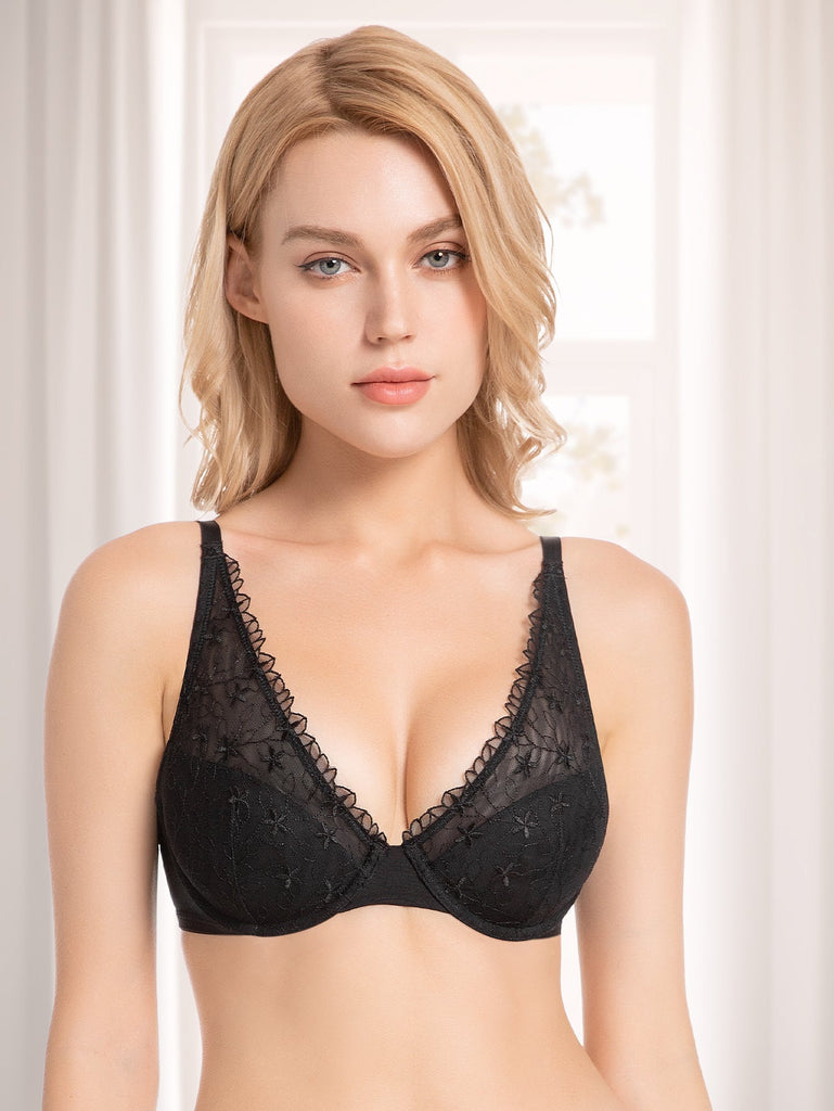Padded Push up Bralette Plunge Embroidered Underwire Black - WingsLove