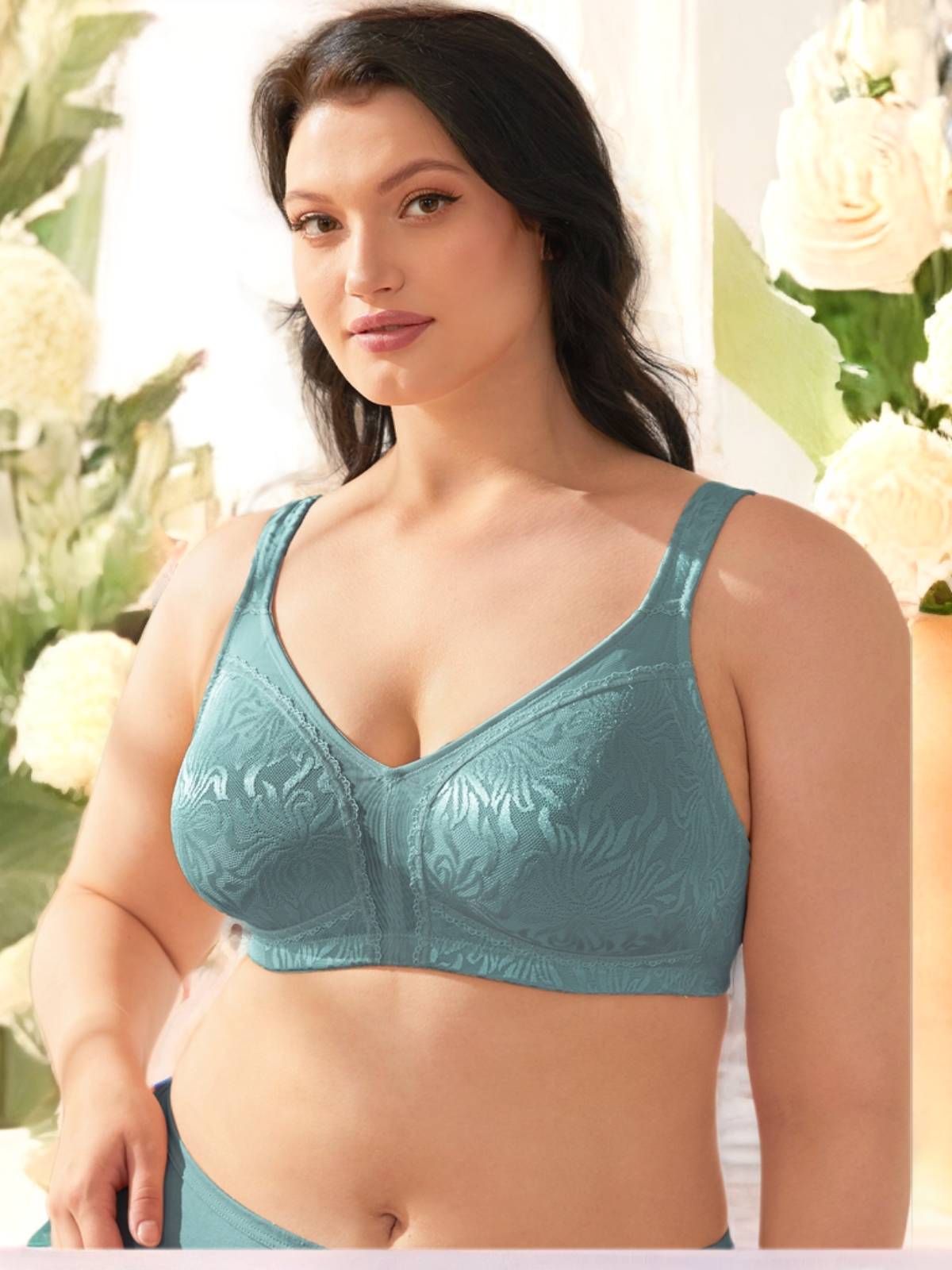 Womens Plus Size Full Coverage Wirefree Unlined Minimizer Lace Bra 52-C  Green