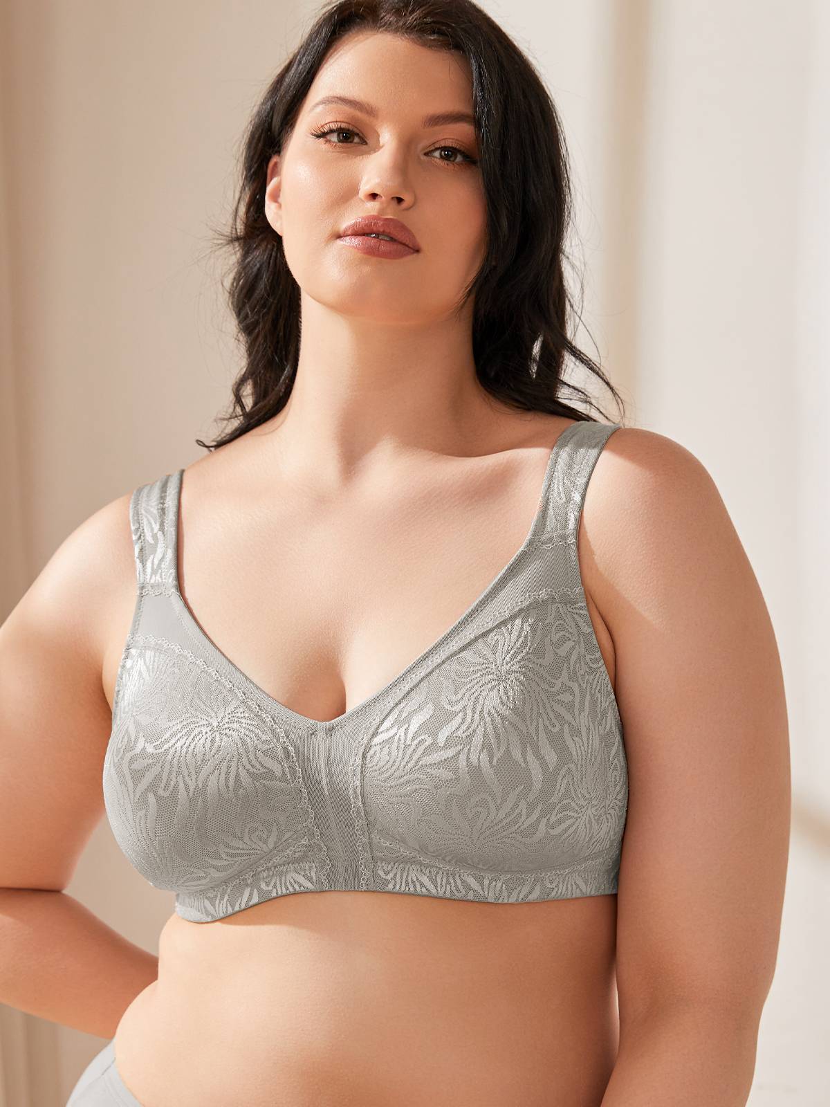  Womens Floral Lace Bra Plus Size Firm Hold Non Wired Non  Padded Full Coverage Minimizer 38DD Gray