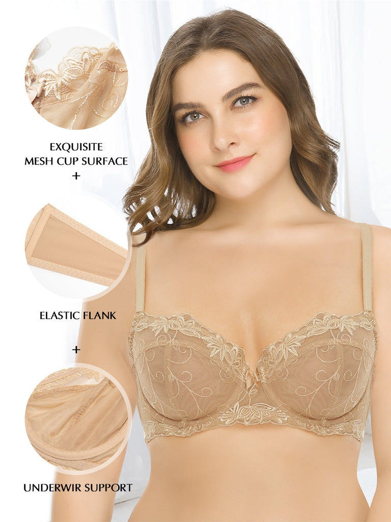 Plus Size See Through Unlined Underwire Lace Bra Nude - WingsLove