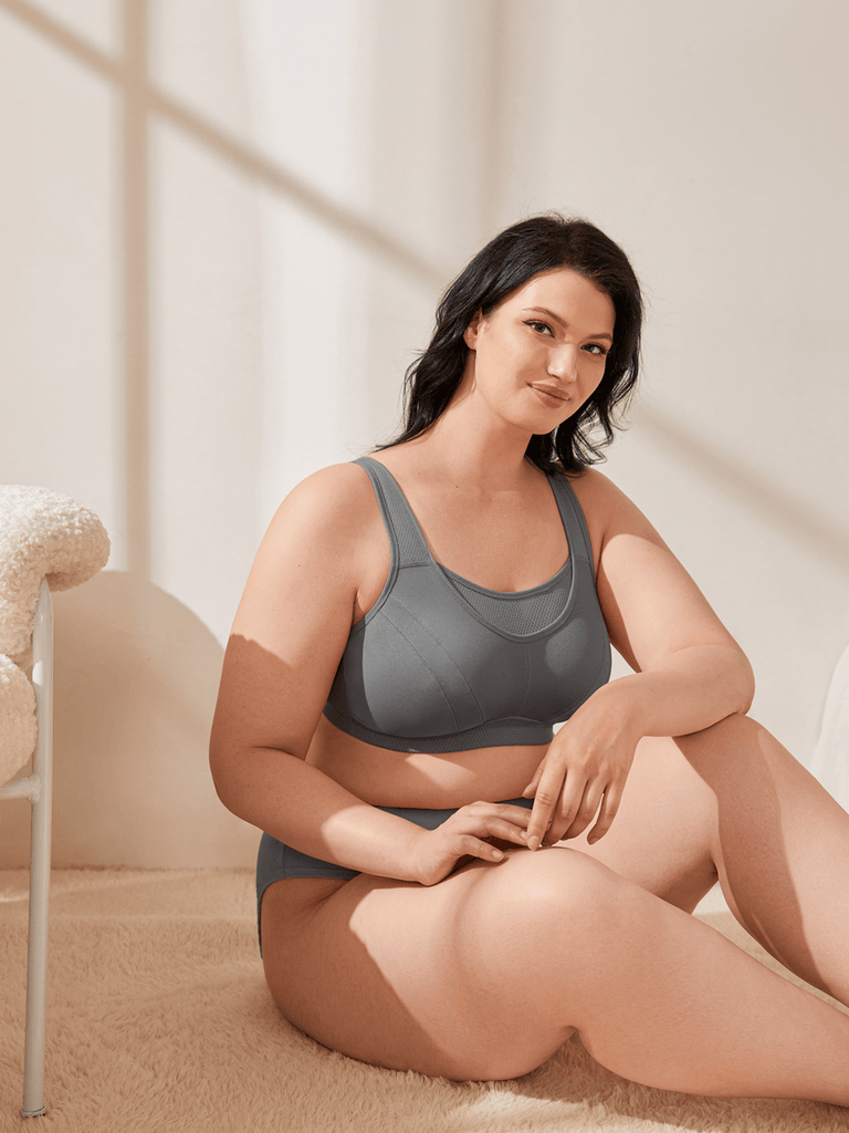 Plus Size Solid Absorb Breathable Sports Bra Grey - WingsLove