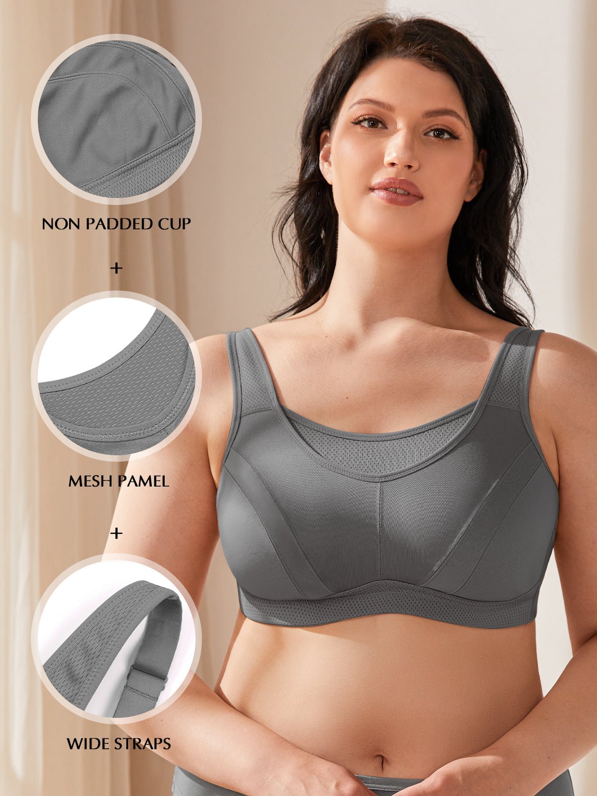 Plus Size Solid wirefree Absorb Breathable Sports Bra Grey
