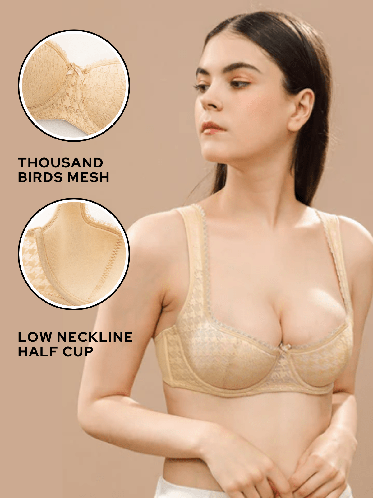 Thin Bras for Women Underwire Push Up Sexy Lace Bralette Thin Sponge Cup  Women's Bra Lingerie (Color : Beige, Size : 90B/40B)