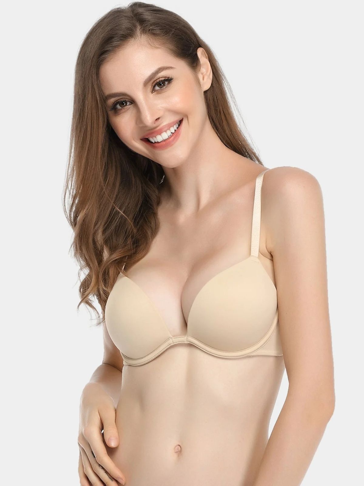 Push Up Deep V Plunge Underwire T-Shirt Bra Nude - WingsLove