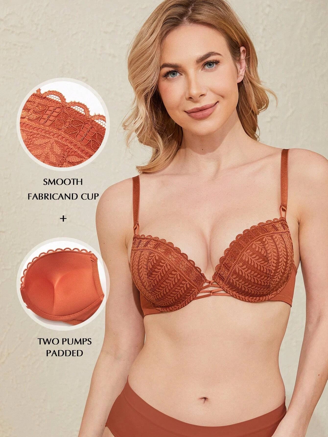 Push Up Floral Lace Underwire Bra Caramel
