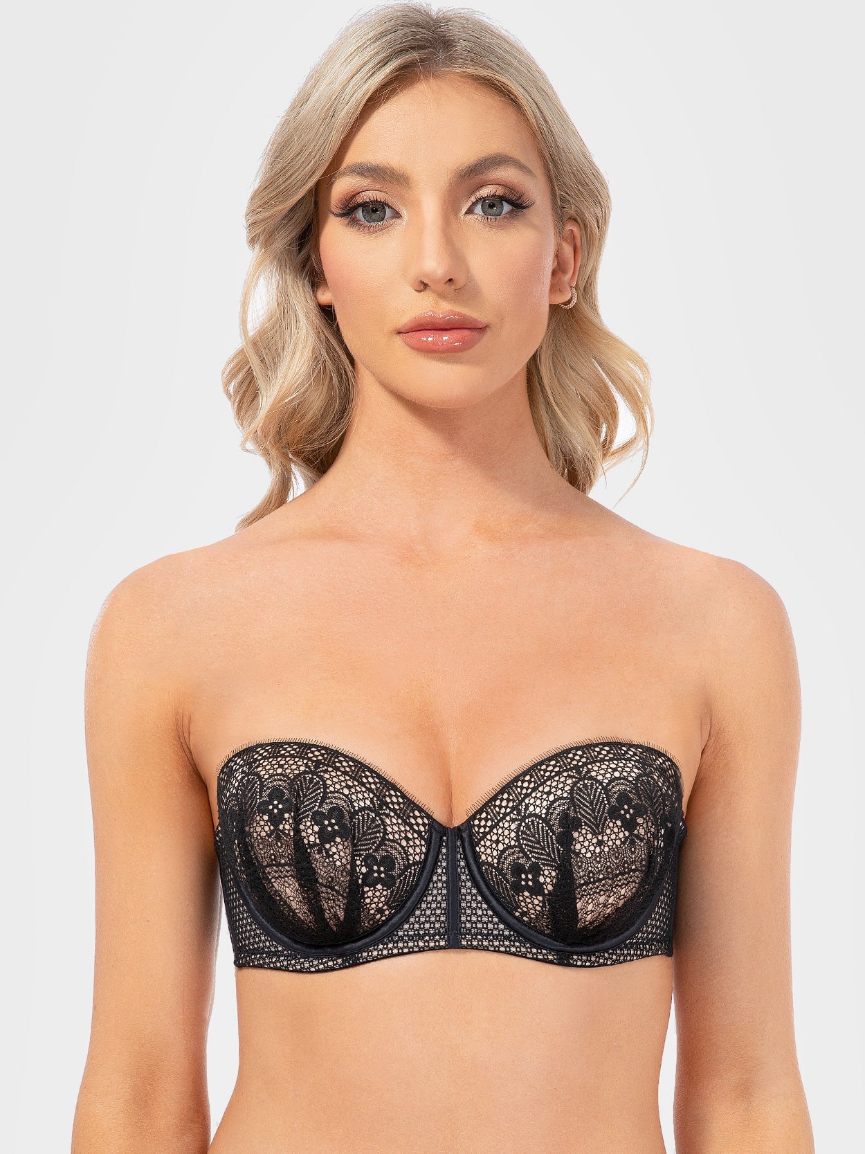 Push Up Full Figure Strapless Pleated Lace Multiway Bra Black