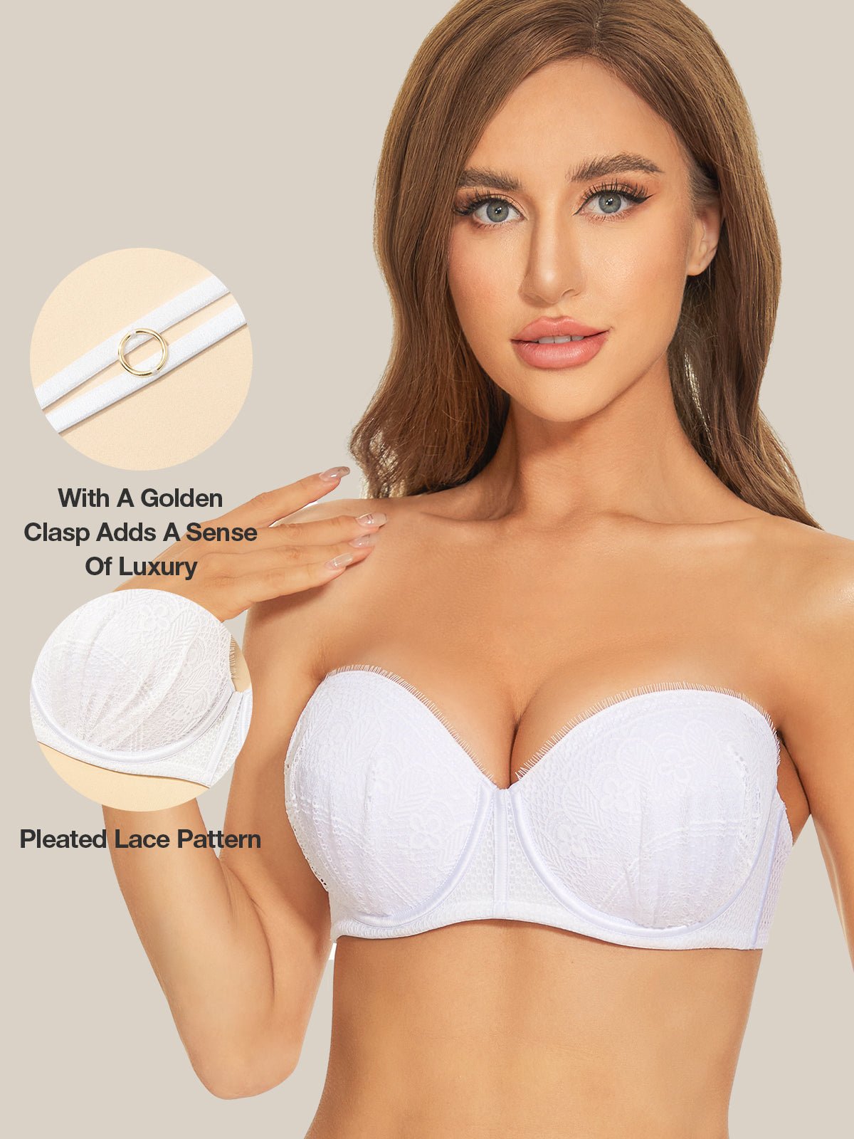 Push Up Full Figure Strapless Pleated Lace Multiway Bra White