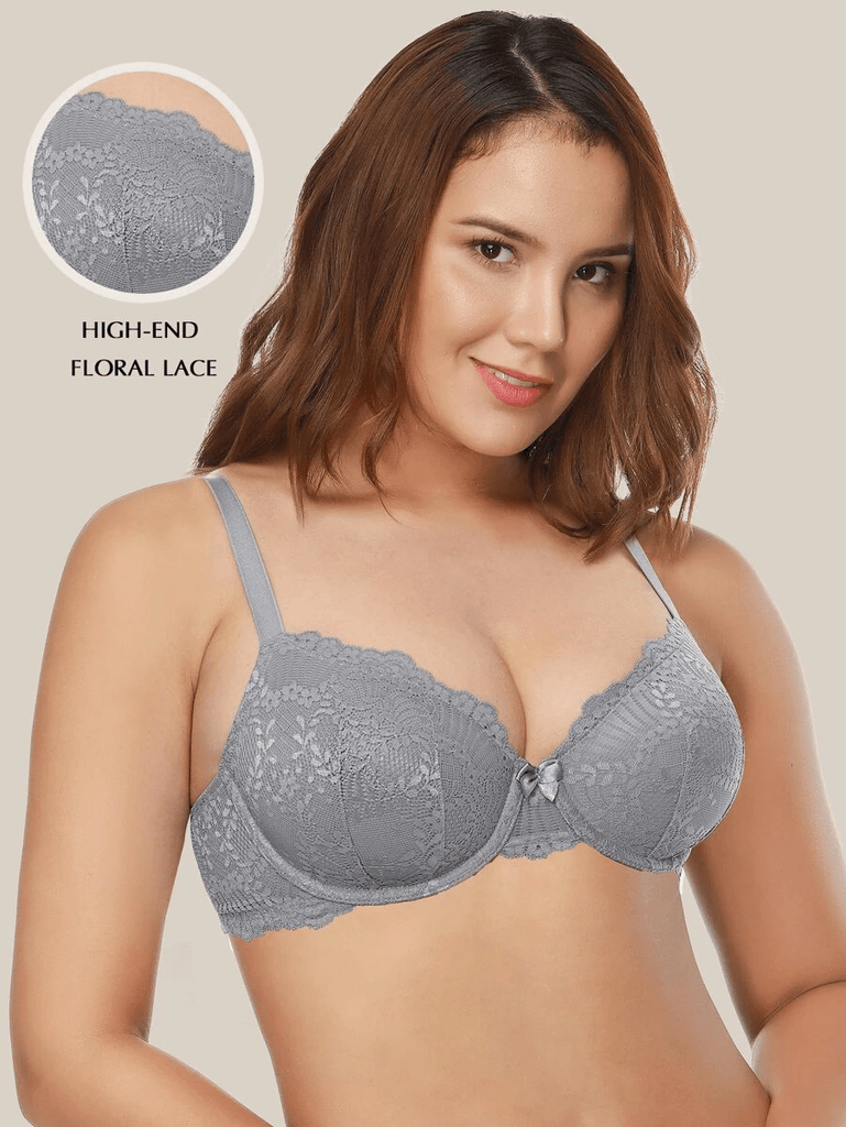 Push Up Lace Underwire Full Coverage Plus Size Bra Grey - WingsLove